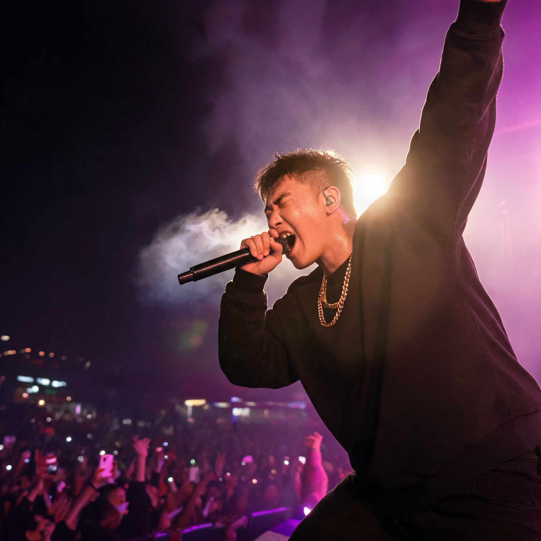 A performer mid-set on the main stage