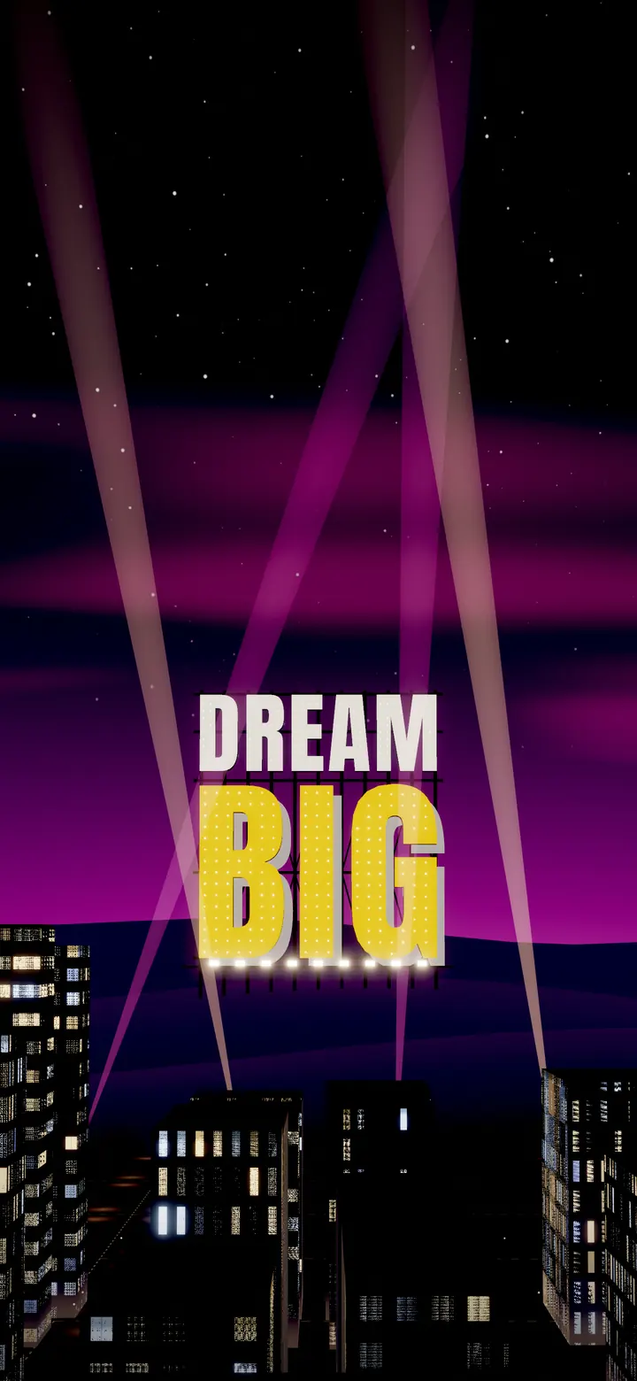 The city at night seen from above, with the lit DREAM BIG sign on the hills ahead.