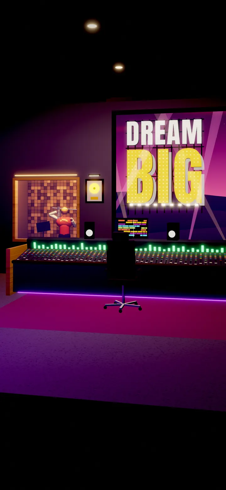 A recording studio with a mixing console, a vocal booth behind glass, a tall microphone and one framed plaque on a bare wall.
